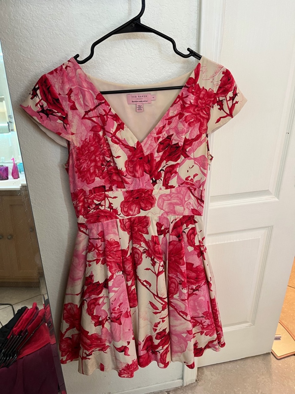 Ted Baker Pink Red Floral V-Neck Fit & Flare Dress ASO Blair Waldorf Gossip Girl
